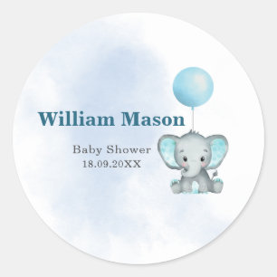 Cute Baby Elephant Blue Balloon Watercolor Classic Round Sticker