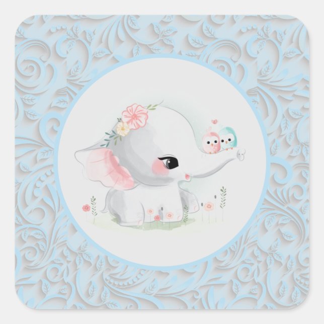 Cute Baby Elephant Blue Boy Square Sticker (Front)