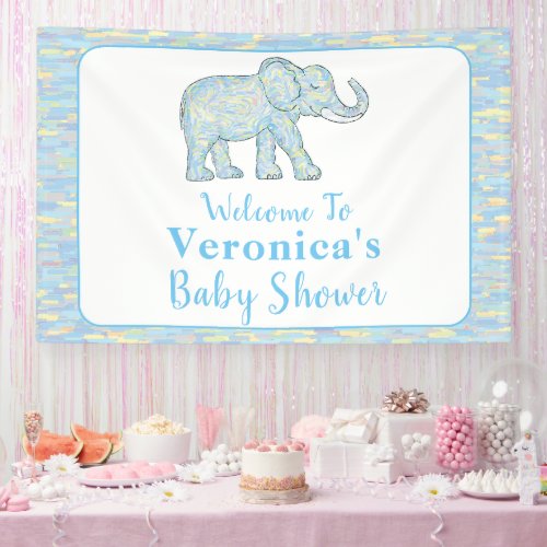 Cute Baby Elephant Blue Brushstrokes Customizable Banner