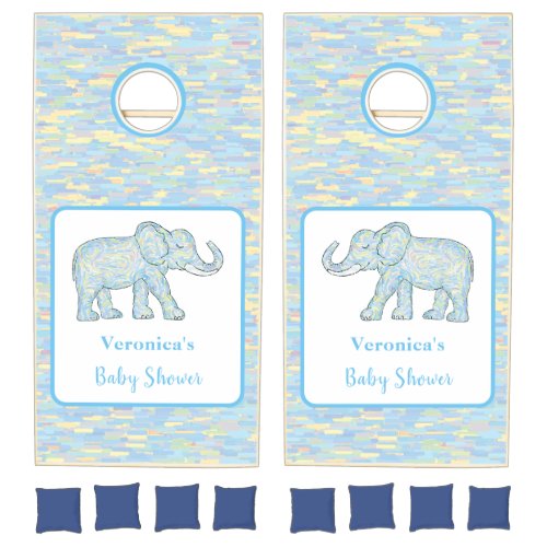 Cute Baby Elephant Blue Brushstrokes Customizable Cornhole Set