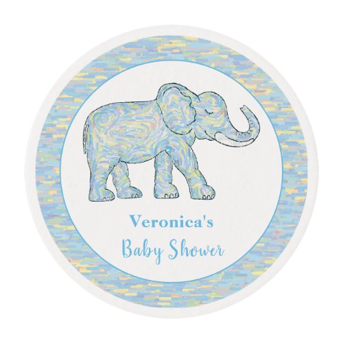 Cute Baby Elephant Blue Brushstrokes Customizable Edible Frosting Rounds