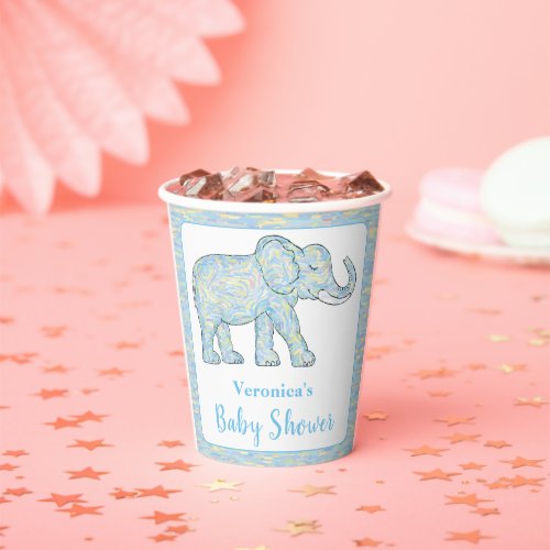 Cute Baby Elephant Blue Brushstrokes Customizable Paper Cups