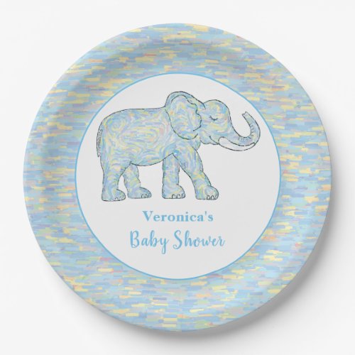 Cute Baby Elephant Blue Brushstrokes Customizable Paper Plates