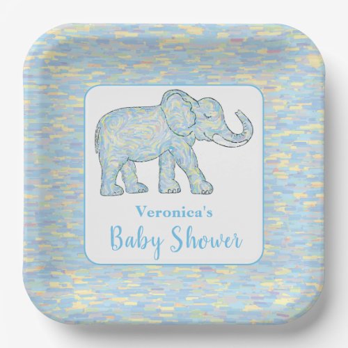 Cute Baby Elephant Blue Brushstrokes Customizable Paper Plates