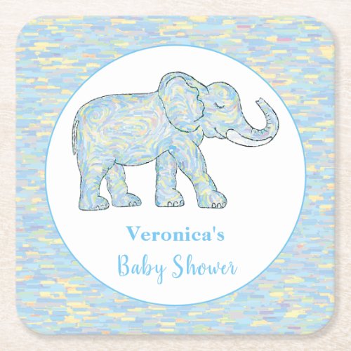 Cute Baby Elephant Blue Brushstrokes Customizable Square Paper Coaster