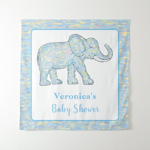 Cute Baby Elephant Blue Brushstrokes Customizable Tapestry