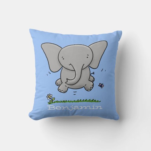 Cute baby elephant blue cartoon illustration throw pillow