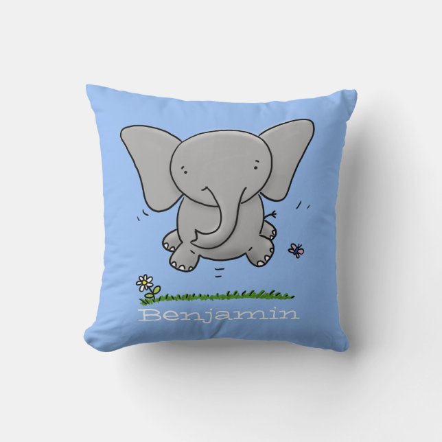 Cute baby elephant blue cartoon illustration throw pillow (Front)