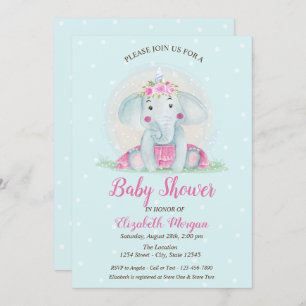 Cute Baby Elephant, Blue Dots Baby Shower Invitation