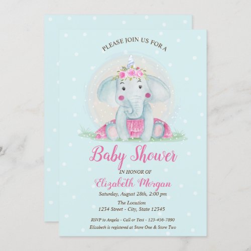 Cute Baby Elephant Blue Dots Baby Shower Invitation
