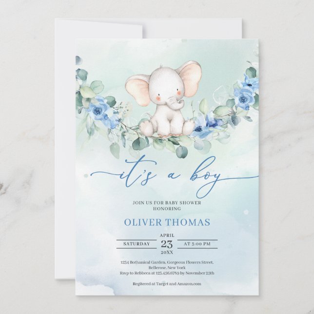 Cute baby elephant blue floral eucalyptus  invitation (Front)