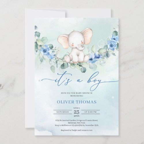 Cute baby elephant blue floral eucalyptus  invitation
