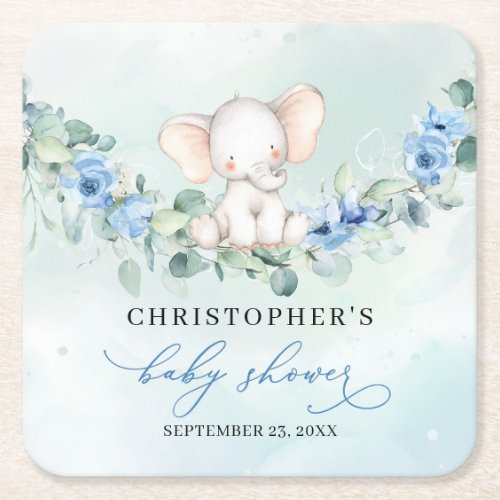 Cute Baby elephant blue flowers eucalyptus wreath Square Paper Coaster