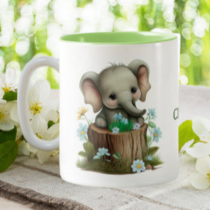 Cute Baby Elephant Blue Flowers Personalized Two-Tone Coffee Mug