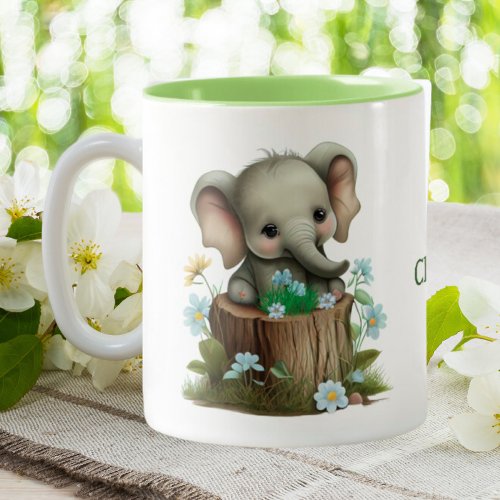 Cute Baby Elephant Blue Flowers Personalized  Two_Tone Coffee Mug