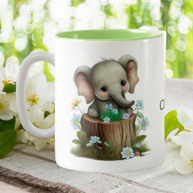 Cute Baby Elephant Blue Flowers Personalized  Two-Tone Coffee Mug (Creator Uploaded)
