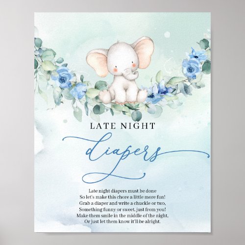 Cute baby elephant blue Late Night Diapers game Poster