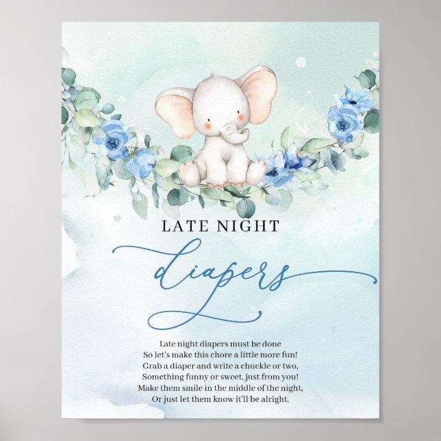 Cute baby elephant blue Late Night Diapers game Poster (Front)