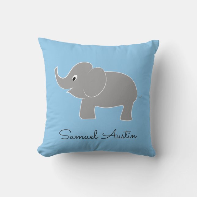 Cute Baby Elephant Blue Nursery Throw Pillow (Front)