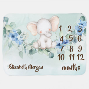 Cute Baby Elephant Blue Roses Blanket