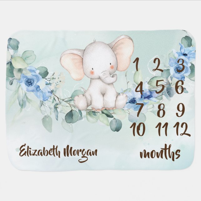 Cute Baby Elephant Blue Roses Blanket (Horizontal)