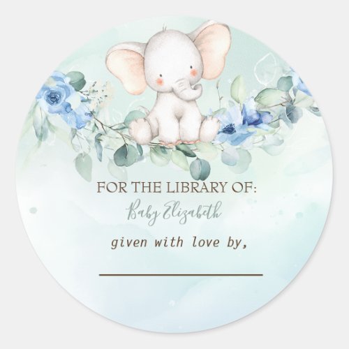 Cute Baby Elephant Blue Roses Classic Round Sticker