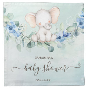 Cute Baby Elephant Blue Roses Cloth Napkin