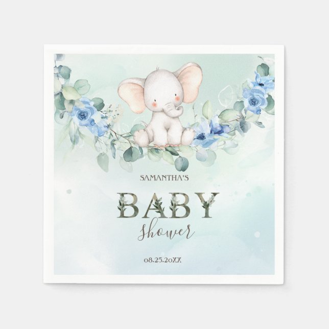Cute Baby Elephant Blue Roses Napkins (Front)