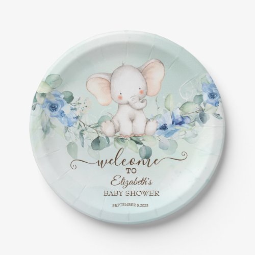 Cute Baby Elephant Blue Roses Paper Plates