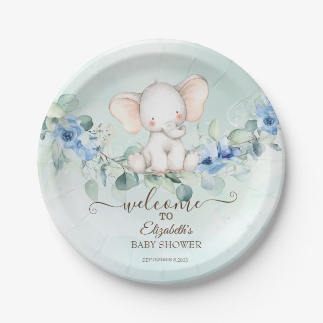 Cute Baby Elephant Blue Roses Paper Plates (Front)