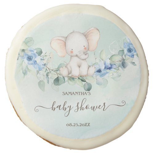 Cute Baby Elephant Blue Roses Sugar Cookie