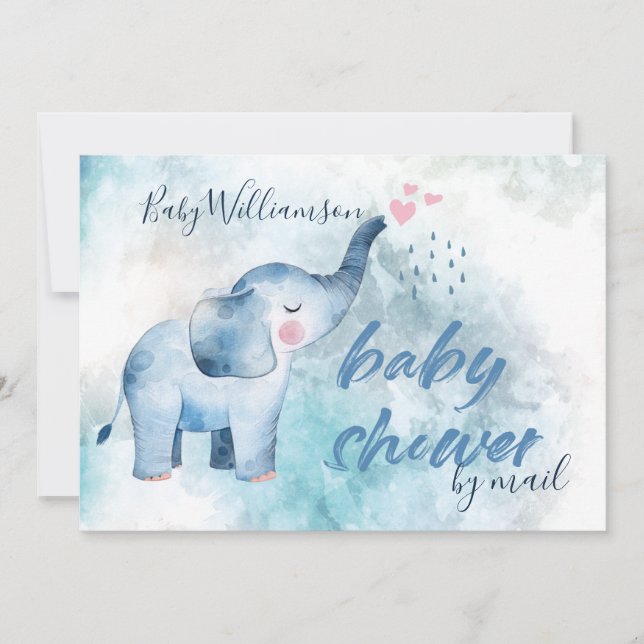 Cute Baby Elephant Blue Watercolor Shower By Mail Invitation (Front)