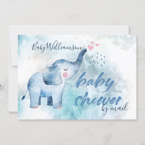 Cute Baby Elephant Blue Watercolor Shower By Mail Invitation