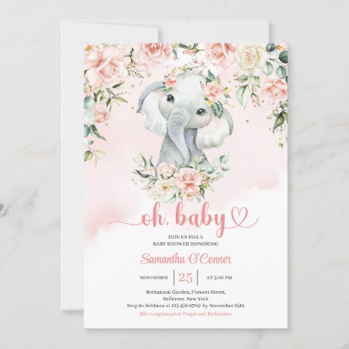 Cute baby elephant blush floral eucalyptus gold invitation