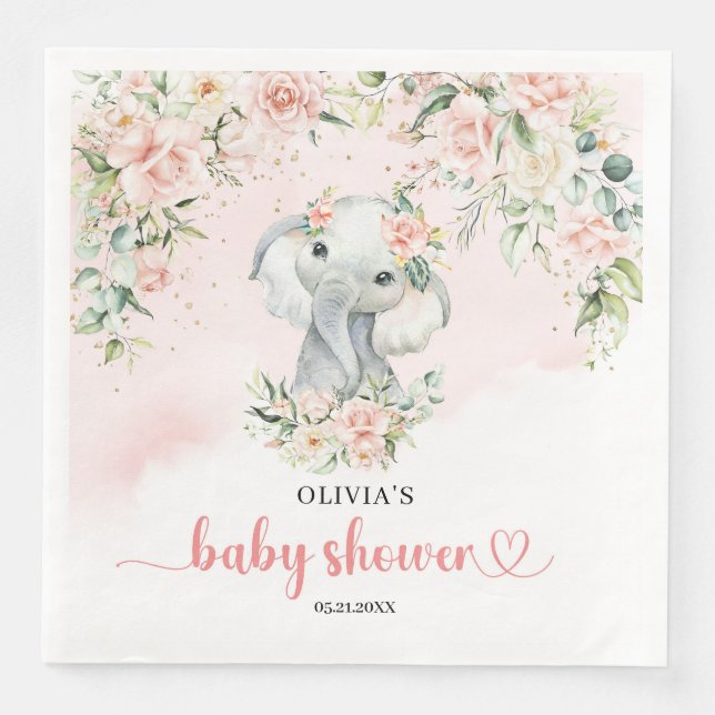 Cute baby elephant blush flowers gold girl paper dinner napkins (Front)