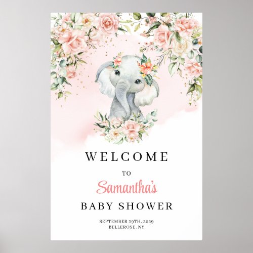 Cute baby elephant blush Girl Baby Shower Welcome Poster