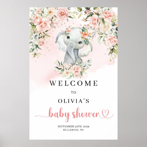 Cute baby elephant blush gold Baby Shower Welcome Poster