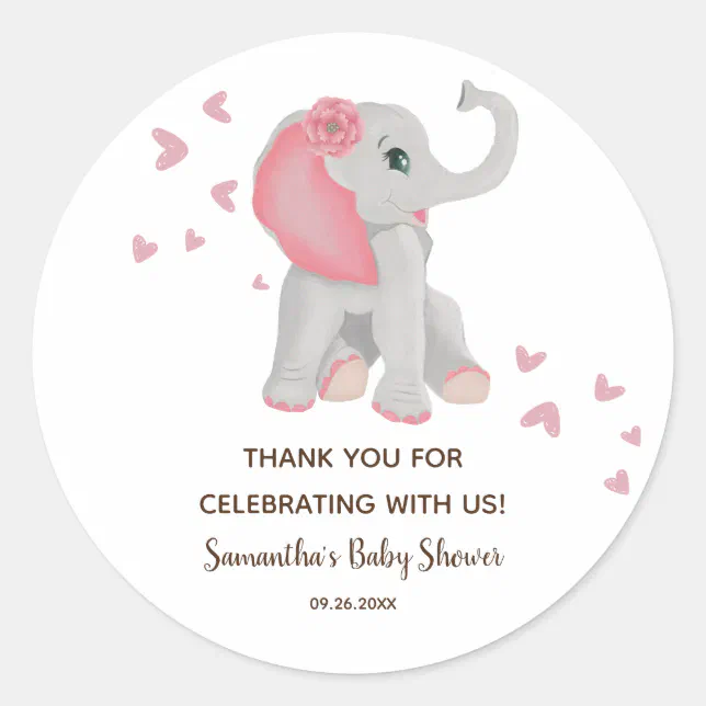 Cute Baby Elephant Blush Pink Baby Shower Favor Classic Round Sticker ...