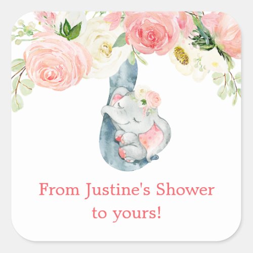 Cute baby elephant blush pink floral baby shower square sticker