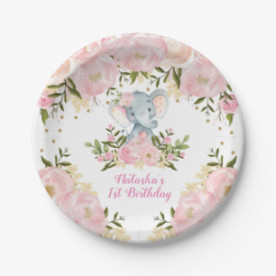 Cute Baby Elephant Blush Pink Floral Girl Birthday Paper Plates