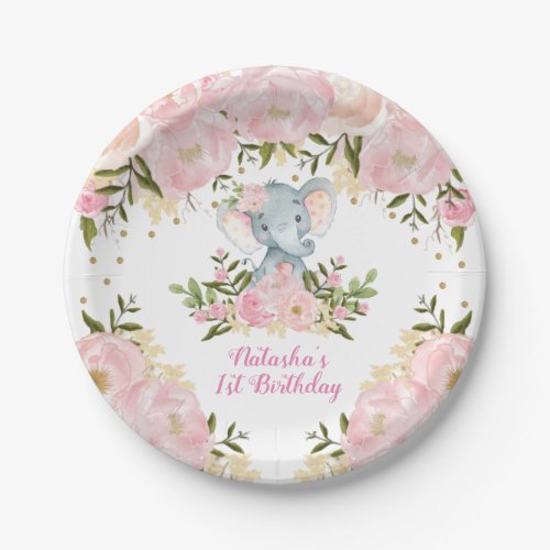 Cute Baby Elephant Blush Pink Floral Girl Birthday Paper Plates