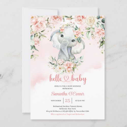 Cute baby elephant blush pink flowers gold girl invitation