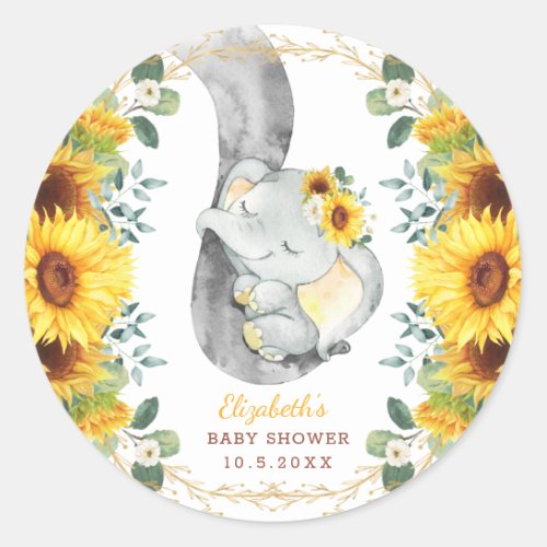 Cute Baby Elephant  Boho Rustic Sunflowers Classic Round Sticker