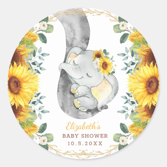 Cute Baby Elephant & Boho Rustic Sunflowers Classic Round Sticker (Front)
