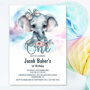 Cute Baby Elephant Boy 1st Birthday Party Invitation