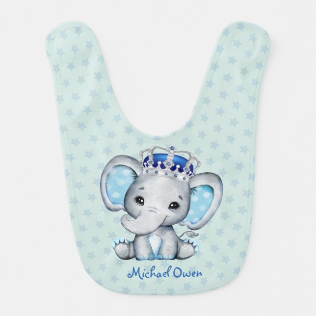 Cute Baby Elephant Boy Prince Personalized Bib (Front)
