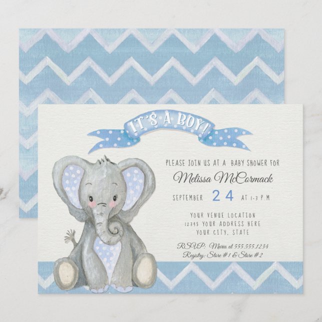 Cute Baby Elephant Boy Shower Chevron Stripe Blue Invitation (Front/Back)
