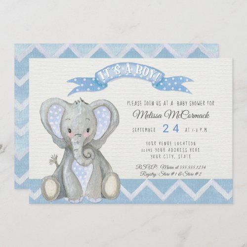 Cute Baby Elephant Boy Shower Chevron Stripe Blue Invitation