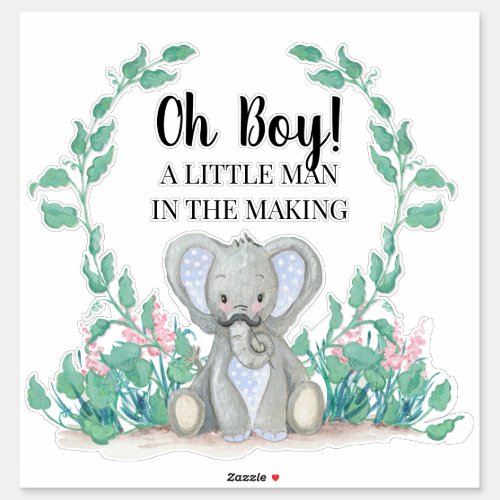 Cute Baby Elephant Boy w Mustache n Wreath Nursery Sticker