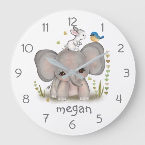 Cute Baby Elephant Bunny Nursery Wall Clock